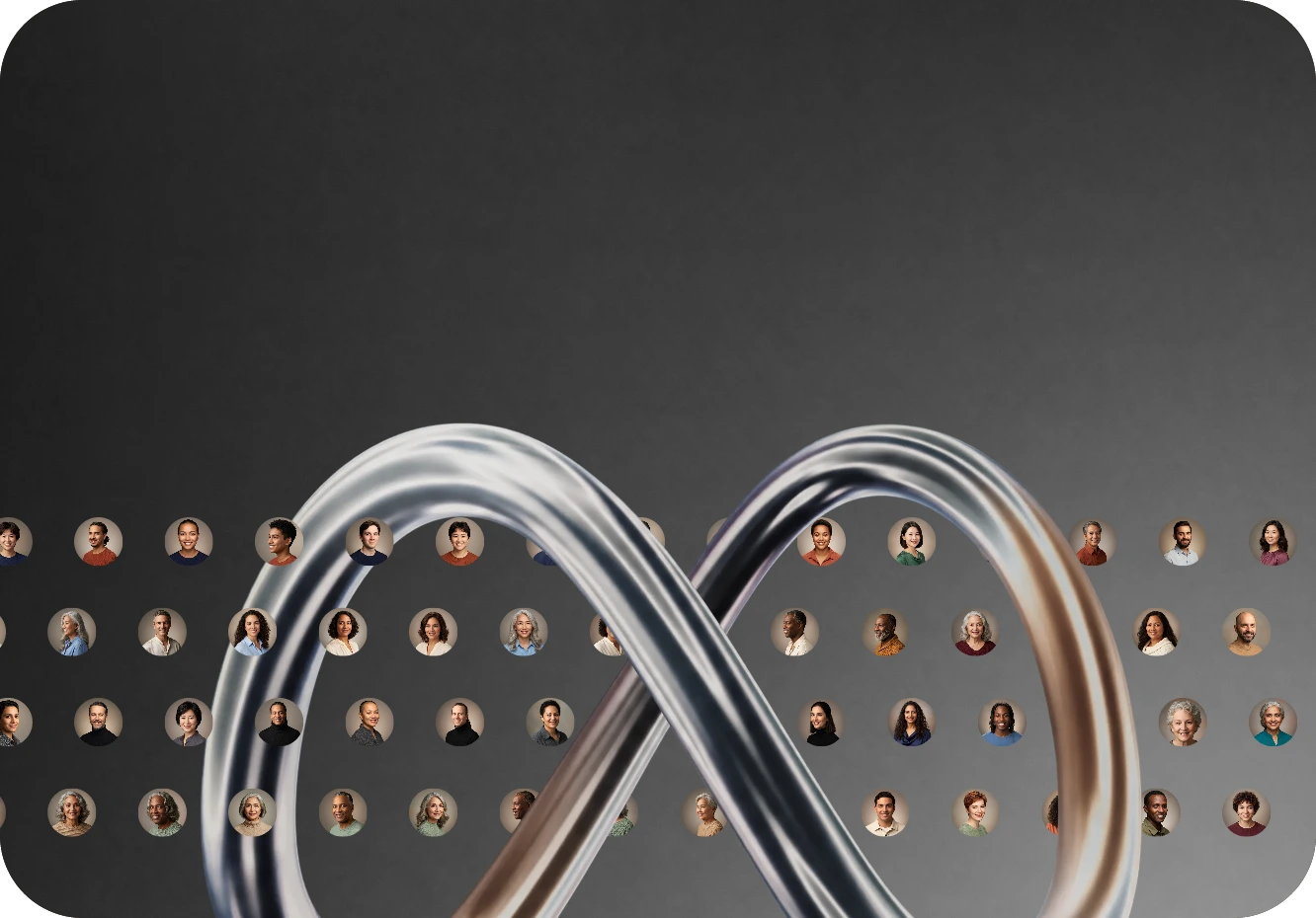 A silver Meta symbol surrounded by potential customers
