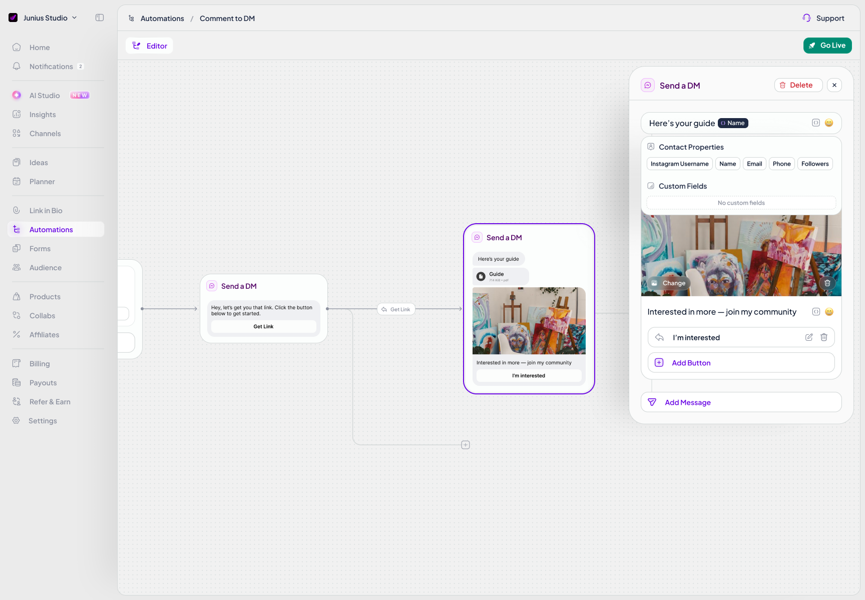 A Get Link message connected to a guide response in Zorcha’s automation editor