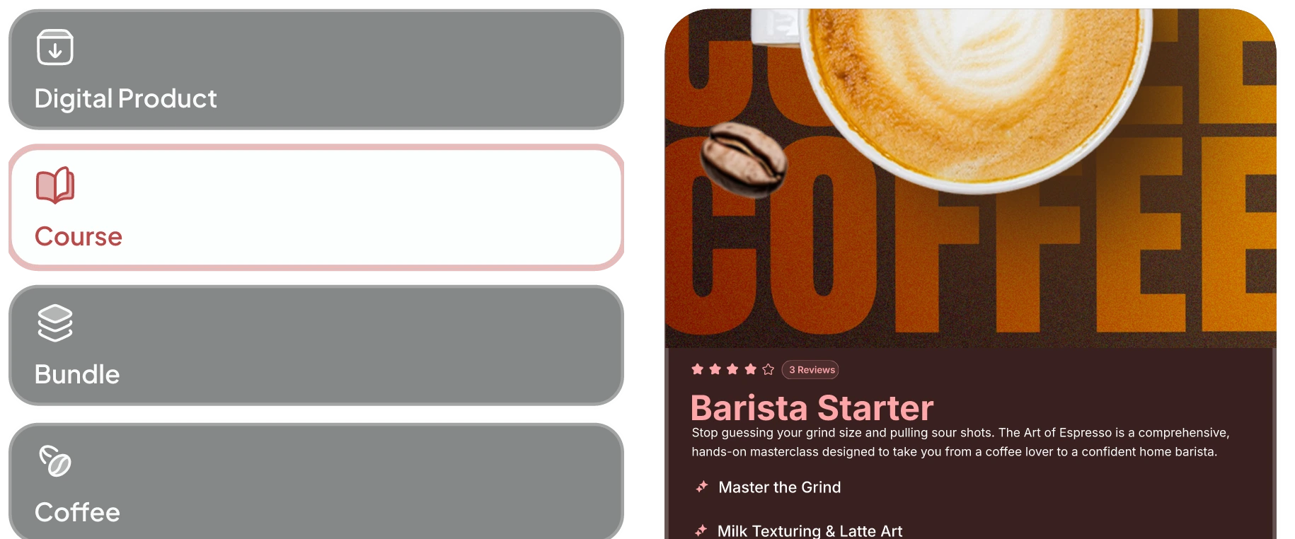 Digital product, course, bundle and coffee options alongside a Barista Starter storefront