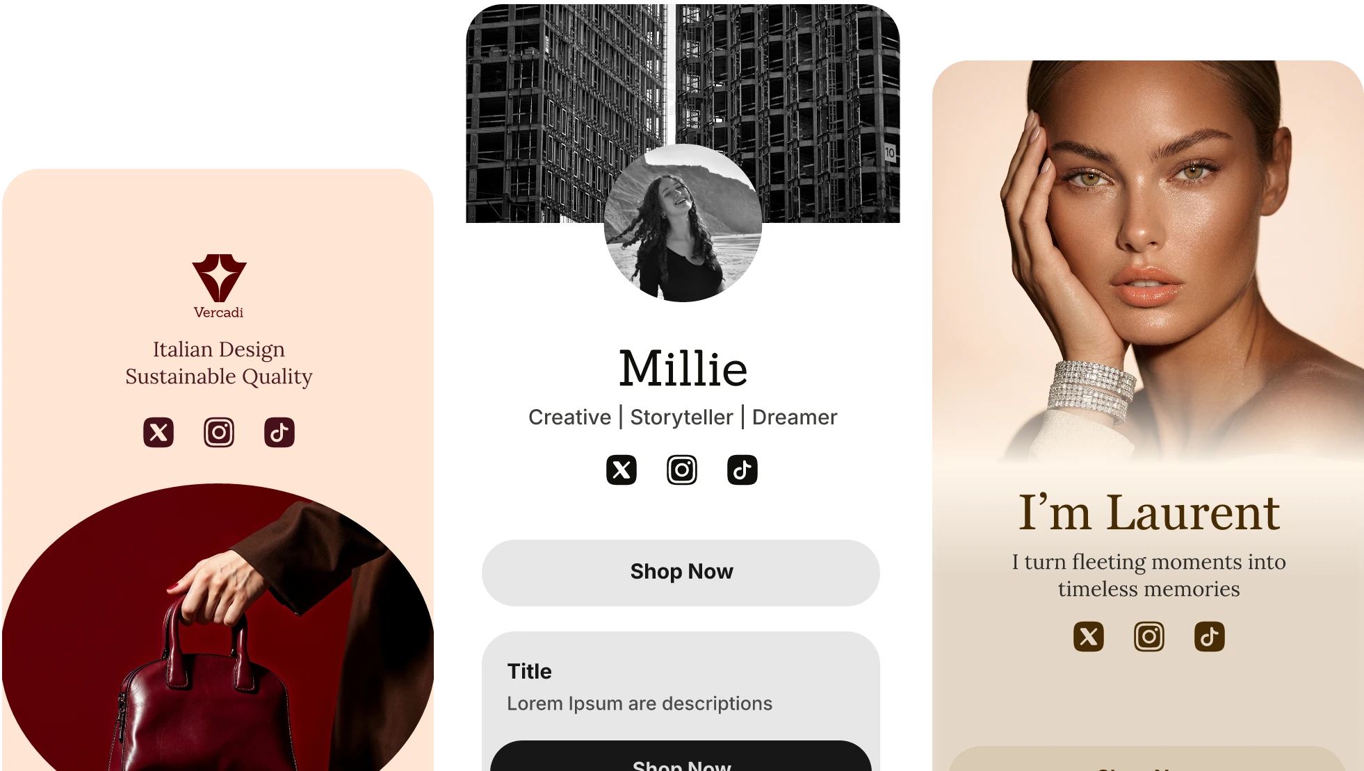 Three custom creator pages: Vercadi, Millie, and Laurent