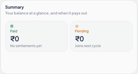 Payouts Summary with Paid and Pending balances in INR