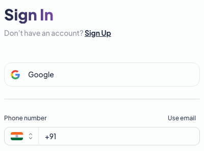Sign In screen with Use email above the phone number field